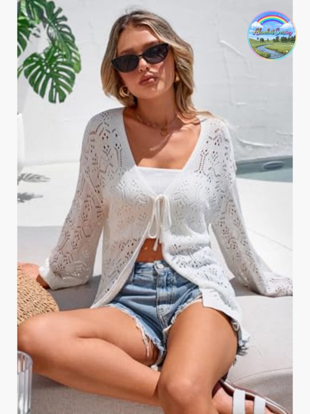 Women's Linen Blend Crochet Cardigan Lightweight Boho Cover Up Beach Resort Wear - Picture 5 of 6